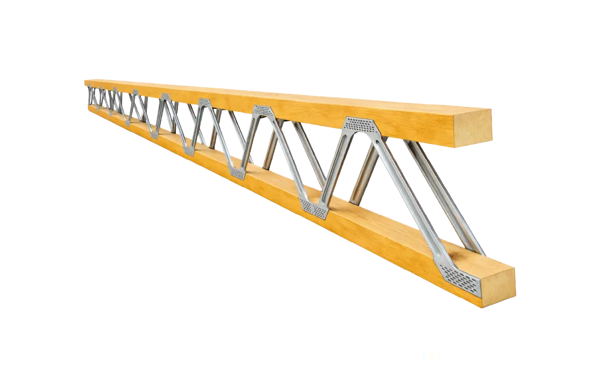 Schéma de la Poutrespace® : membrures bois hautes et basses reliées par un treillis métallique